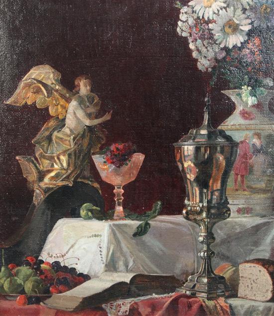 George F Schultz (1869-1934) Still life with silver chalice and figure of an angel, 22 x 19in.